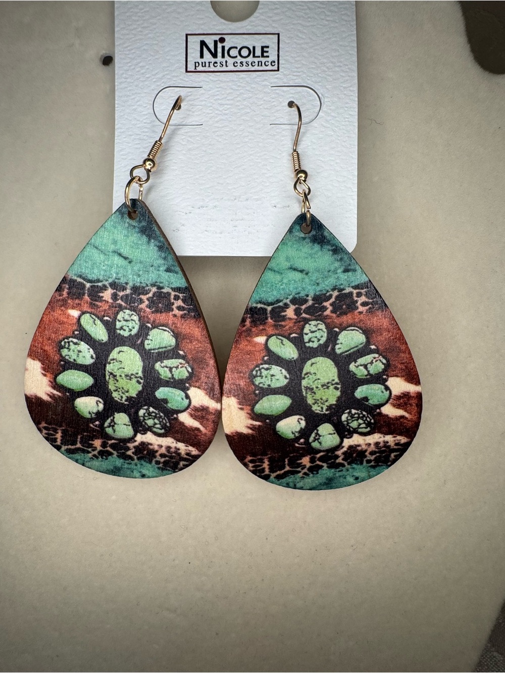 NWT Nicole Teardrop Dangle Earrings - Turquoise, Brown & Green western